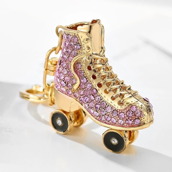Pink and Gold Crystal Roller Skate Keychain Charm - Picture 1 of 16